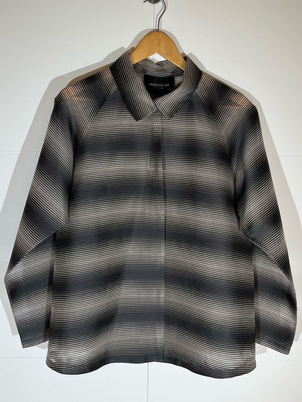 Lafayette 148 New York Sheer Black & Tan Striped Lightweight Silk Shirt-Jacket - Picture 6 of 12